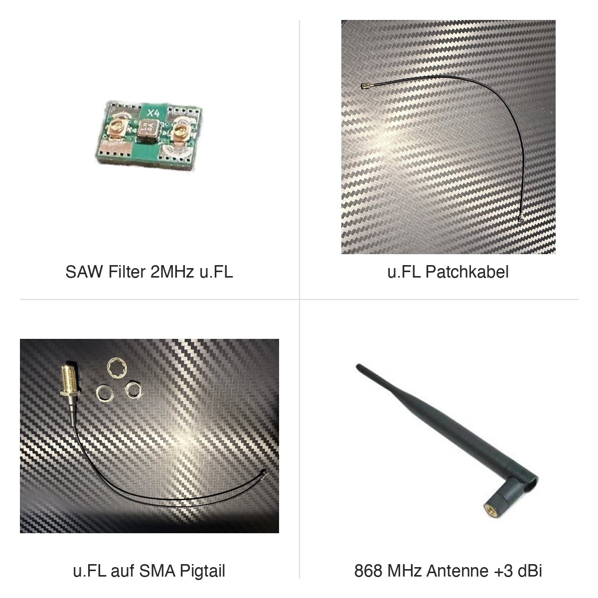 Repeater Upgrade Kit 868 MHz — SAW Filter 2MHz + u.FL-Kabel + SMA-Pigtail + 3-dBi-Antenne (MeshCore / Meshtastic, z. B. SenseCAP Solar Node P1)